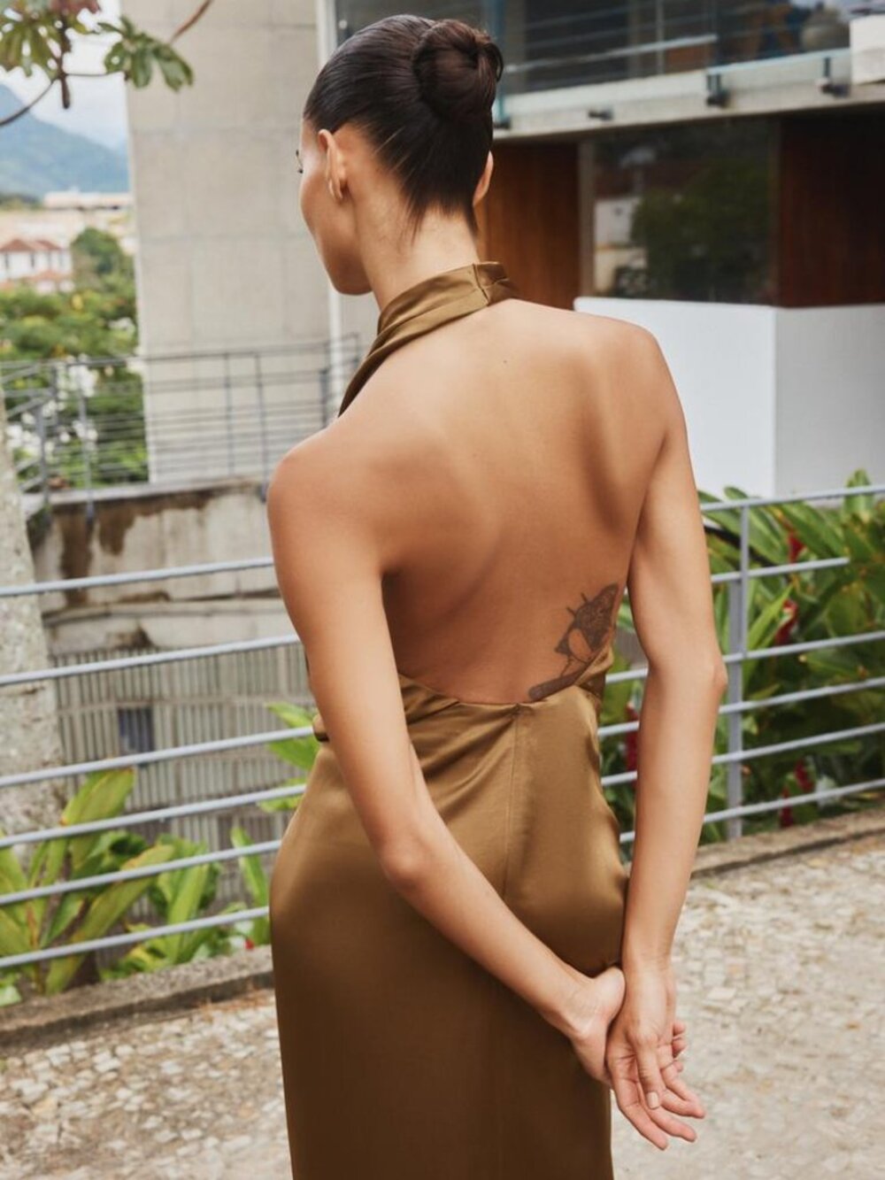 ZARA Brown Satin Halter Midi Dress XS Open Back Slit Prom Party Wedding NWT - Picture 4 of 9